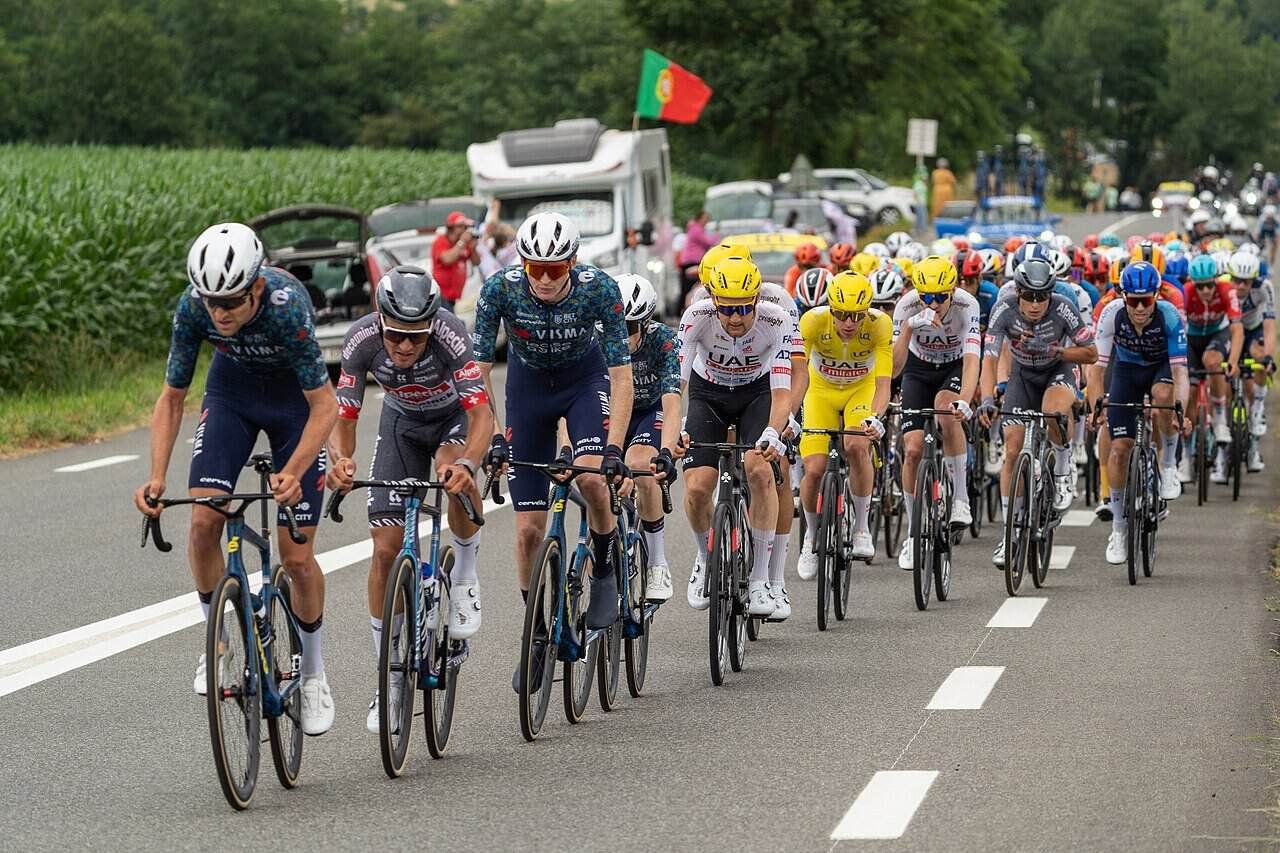 Peloton during the Simacourbe climb at Tour de France 2024