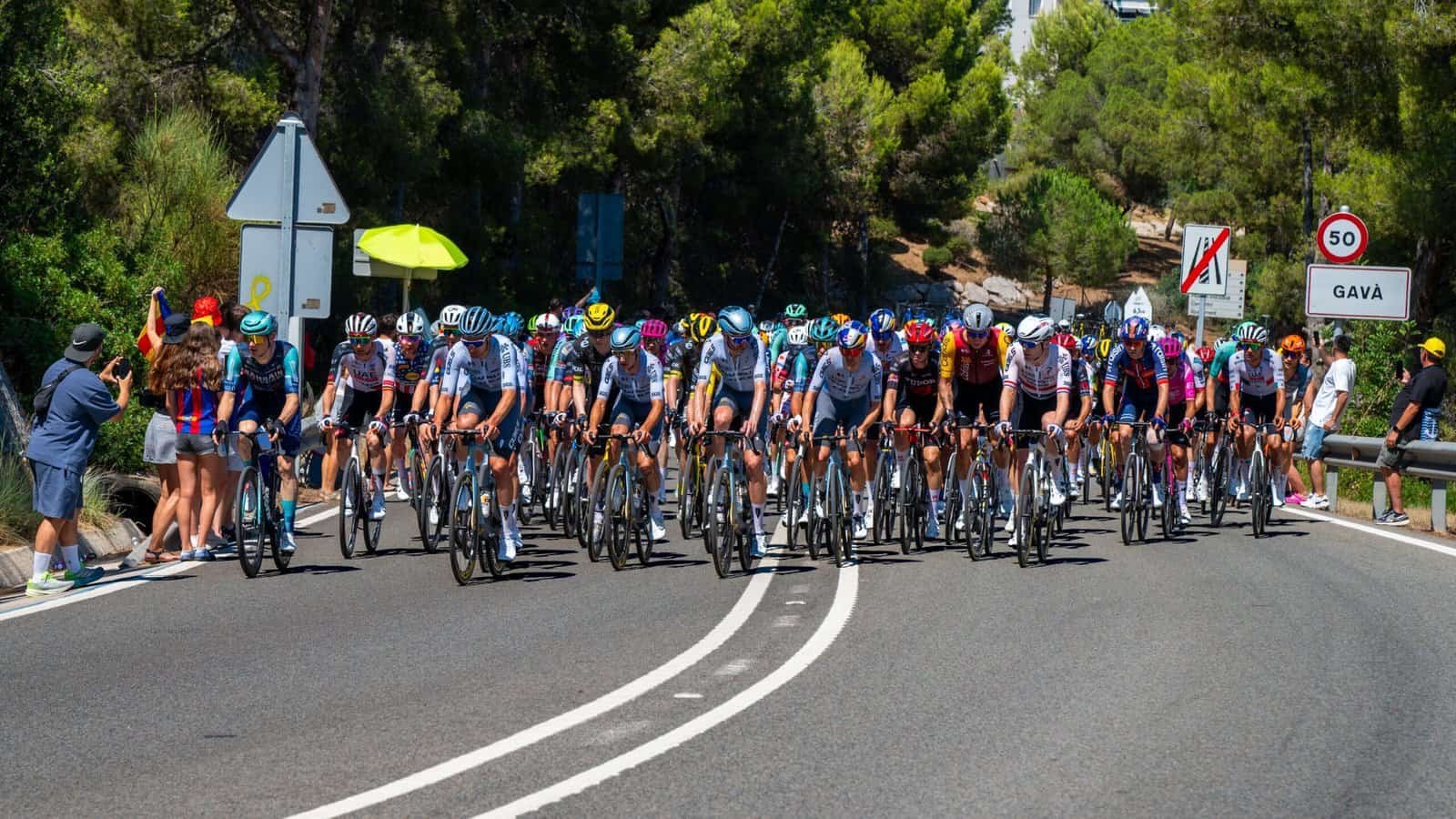 The peloton riding through Gava in Catalonia on a Spanish road race, spectators at the roadside in high summer