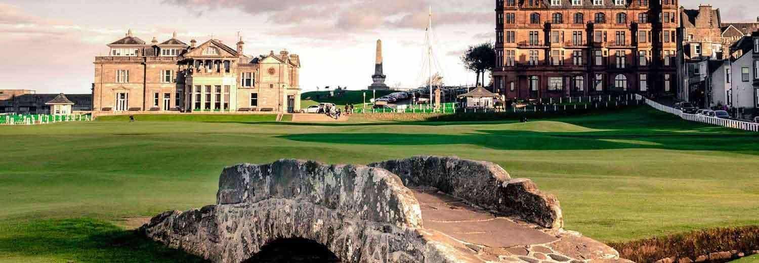 The Swilcan Bridge on the 18th at the Old Course, St Andrews, with the R&A clubhouse behind